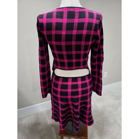 Pink & Black Plaid Long-Sleeve Cutout Dress Fitted Waist Round Neckline Stretch - Picture 6 of 10